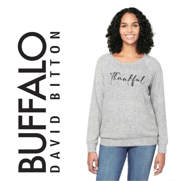 BUFFALO DAVID BITTON Super Soft Cozy Crewneck Heather Grey Thankful Gray Wmn XL - Picture 1 of 15